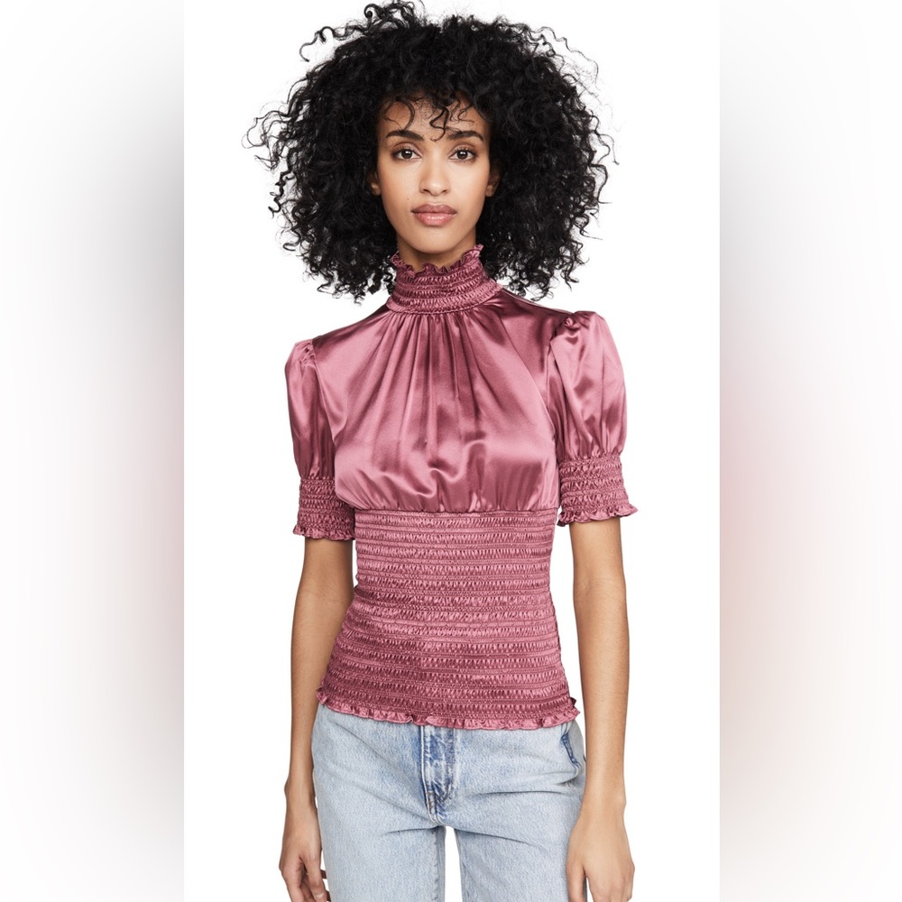 Cinq a Sept - Sheila top - Smocked Satin High-Neck Blouse - Dusty Rose